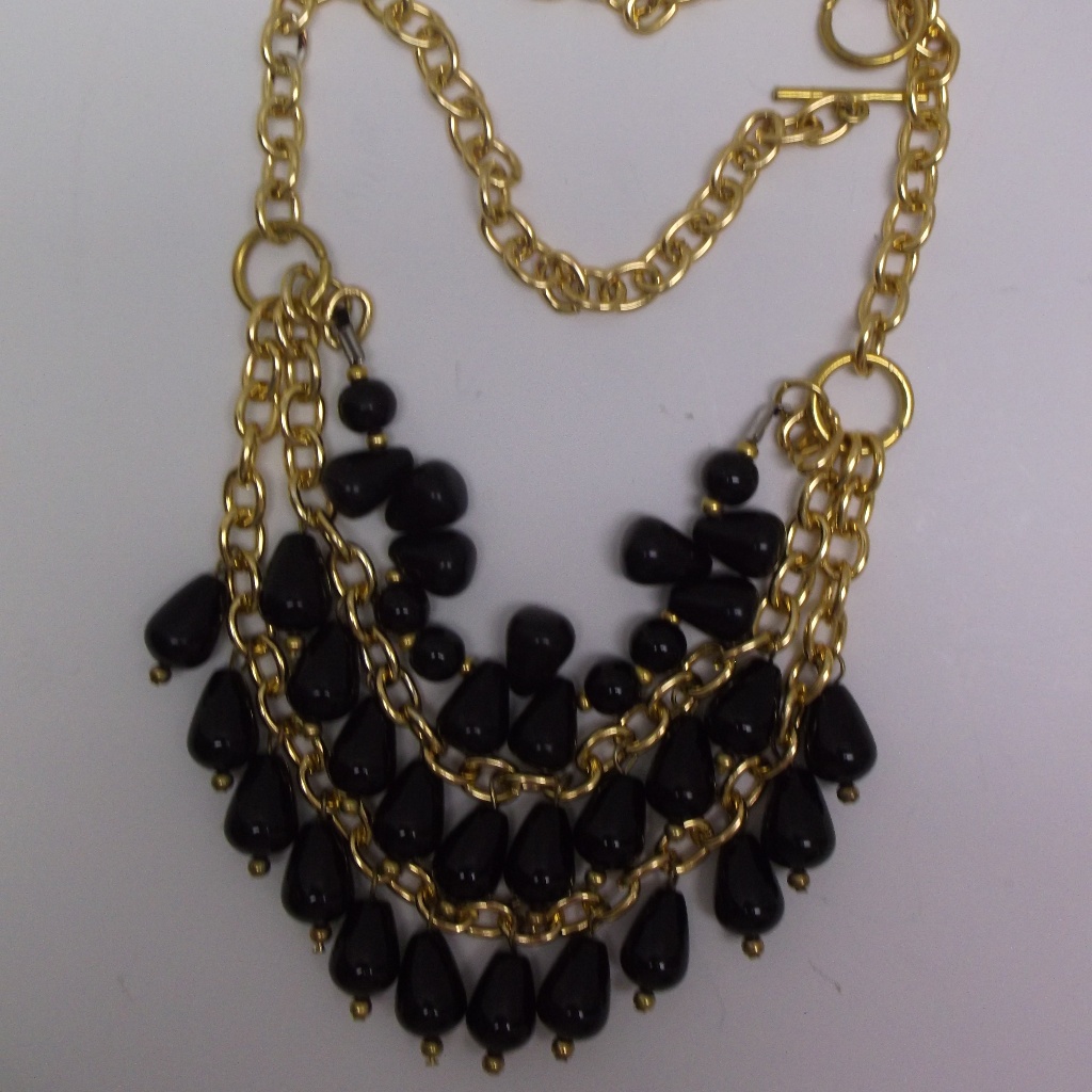 Black Onyx Teardrop 3 Tiers Statement Necklace 16"